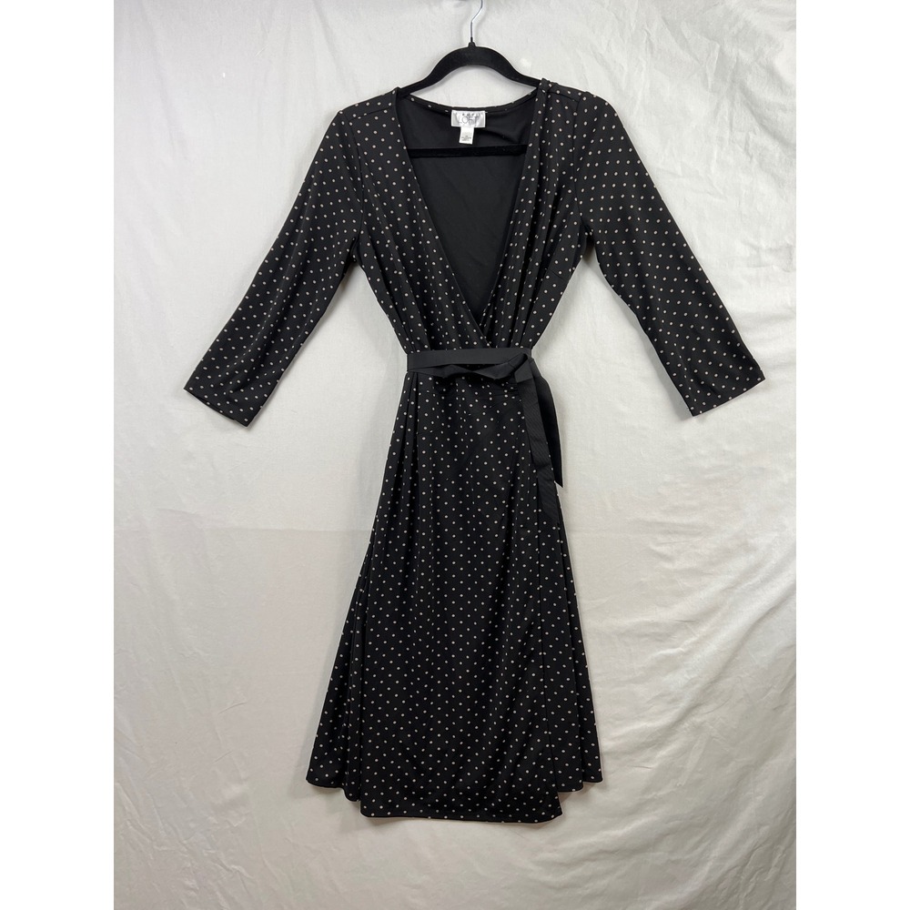 Ann Taylor LOFT Faux Wrap Dress Womens 10 Black Polka Dot 3/4 Sleeve Midi V-Neck